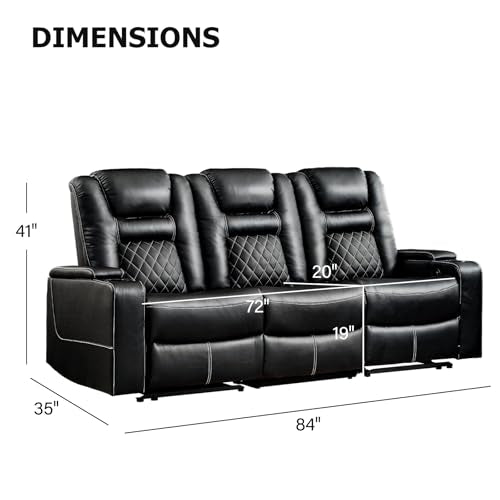 CANMOV Home Theater Seating Seats, Theater Recliner Chair Sofa, PU Leather 3 seat Power Recliner Sofa with Cup Holders, Hidden Arm Storage, USB Ports,Black