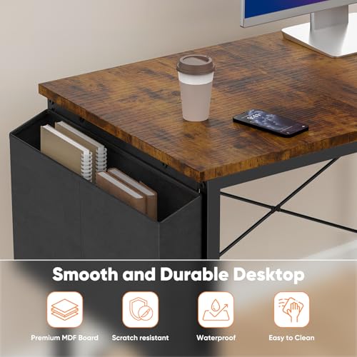 DUMOS L Shaped Desk Corner Computer Table 47 Inch, L-Shaped Gaming Desks with Storage Shelf Reversible, Wood Tables with Side Bag Adjustable Feet for 2 Monitors Small Space Home Office Bedroom, Brown DUMOS