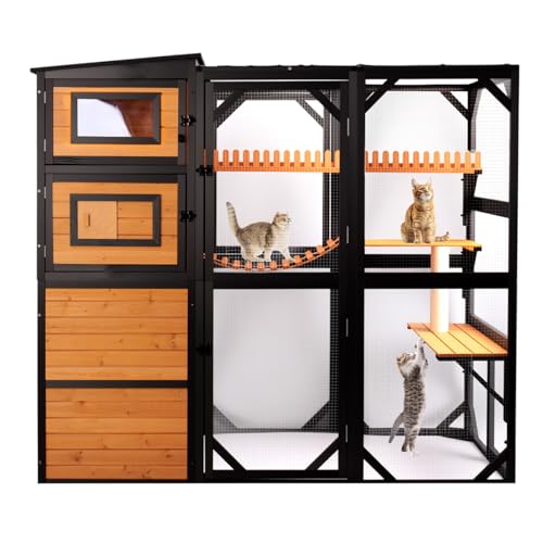 Nicedday Catio Outdoor Cat Enclosures, Large 4 Tiers Wood Cat House, Cat Enclosure Connect to Window with Weatherproof Roof, 4 Platforms, Scratching Pole & Bridge nicedday