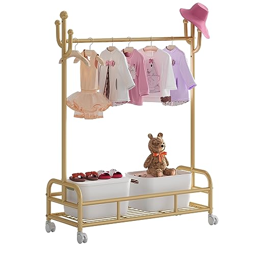 Bestier Kids Dress Up Rack, Adjustable Rack Height for Kids Clothes Rack, Bottom Storage Shelf with Wheels, Metal Dress Up Rack for Kids, Toddler, Children, Girls, Boys, Gold Bestier