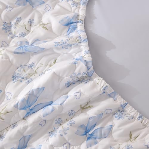 Jolusere Zipper Bedding Full Blue Bow Comforter Zipper Bedding Set for Kids Girls,Cute Princess Bowknot Coquette Floral Design, All in one Zipper Bedding(Blue,Full) Jolusere