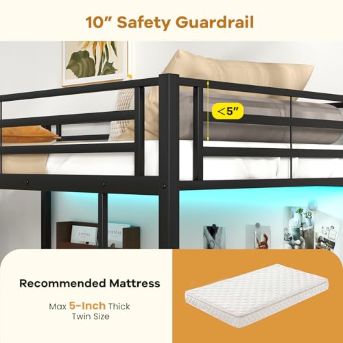 Giantex Twin Loft Bed with L-Shaped Desk, Metal Loft Bed Frame with LED Lights, Charging Station & 3 Storage Shelves, Safety Guardrail & Ladder, Loft Bed for Teens Juniors, No Box Spring Needed, Black Giantex