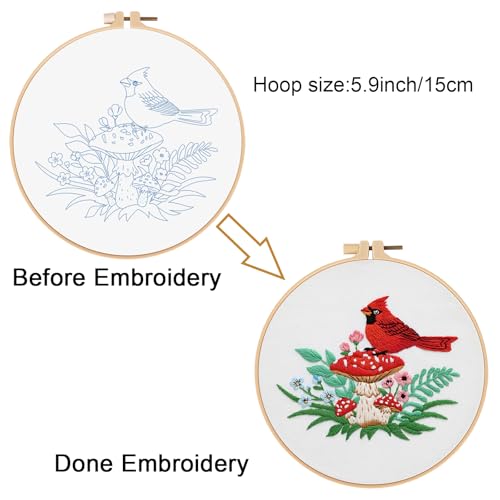 Louise Maelys Cardinal Mushroom Embroidery Kits for Beginners,Cross Stitch Kit for Adults,DIY Needlepoint with Flowers Pattern
