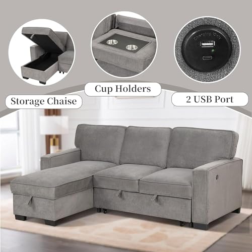 EBELLO Convertible Sleeper Sofa 3 in 1, Chenille Modern L-Shaped Couches for Living Room, Pull Out Sectional Futon Sofa Bed with Storage Space, USB Ports and Cup Holders for Bedroom, Grey EBELLO