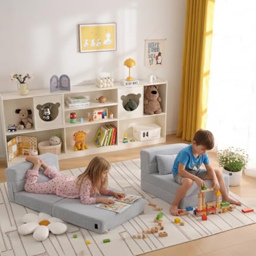 Givjoy Folding Sofa Bed Mattress for Kids with Pillow, Toddler Washable Folding Floor Mat for Daycare, Child Fold Up Sofa Futon Chair Bed with Storage Bag for Playroom, Camping, Girls and Boys, Grey Givjoy
