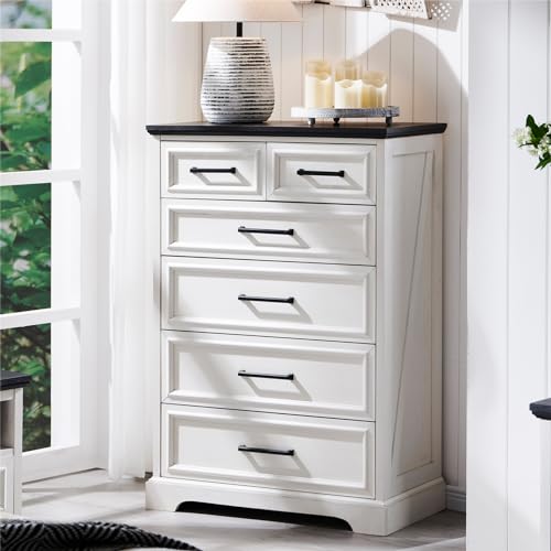 ACCOHOHO 6 Drawer Dresser, Farmhouse Chest of Drawers for Bedroom, 44" Tall Modern Dresser with Large Metal Handle, Wood Drawer Organizer for Living Room, Hallway, Closet - White ACCOHOHO