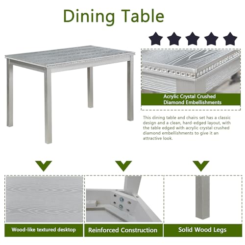 KEIKI 5-Piece Standard Height Dining Table Set with Rectangular Table and 4 Upholstered Chair, for 4 Person, Crystal Decoration Wooden Table Set, Easy Assembly, for Kitchen, Dining Room, Silver Grey KEIKI