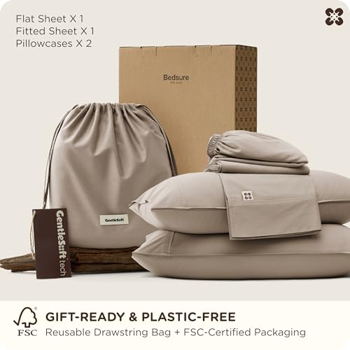 Bedsure Bamboo Viscose Cooling Sheets, Rayon Cotton Blend, Breathable & Buttery Soft King Size Sheets Set, Deep Pocket Up to 18", Hotel Luxury Bedding for Hot Sleepers, Simply Taupe Bedsure