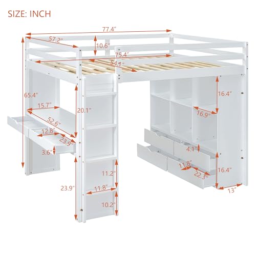 Merax White Full Size Loft Bed with Shelves, Desk, and LED Light Merax