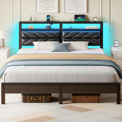 Seventable King Size Bed Frame with Charging Station & LED Lights, Upholstered Headboard with 2-Tier Storage Shelves, Metal Platform with Under Bed Storage, No Box Spring Needed, Easy Assembly, Black