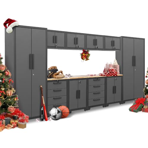 Torin 12 Piece Garage Storage Cabinet Set: Workshop Tool Organizer Chest with Lockers, Shelves and Wood Workbench, Black/Grey Torin