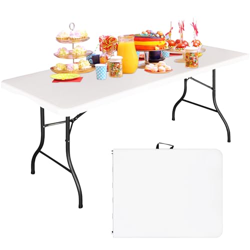 Bblife 6FT Folding Tables Heavy Duty Folding Table, Multi-Functional Fold up Table for Outdoor Camping Picnic Parties, Indoor Events White Training Table with 330lbs Static Weight Capacity Bblife