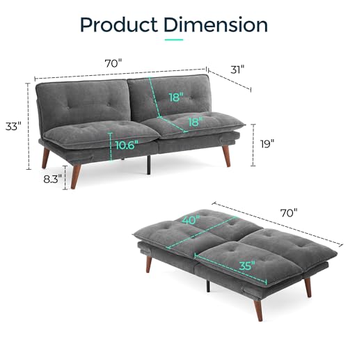 LINSY HOME Futon Sofa Bed, 70" Chenille Futon Couch with Adjustable Backrest Armrest, 3 in 1 Convertible Comfy Loveseat Sleeper Sofa Bed for Small Spaces Dorm Room Apartment Home Office, Dark Grey LINSY HOME