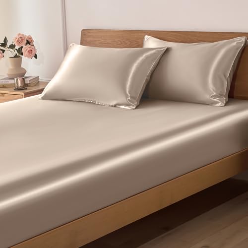 VACVELT 3-Piece Satin Fitted Sheet Set Queen Size, Beige Bottom Bed Sheet with 2 Pillowcases, Similar to Silk Sheets, Luxury & Silky Bedding Set, 15 Inch Deep Pocket VACVELT