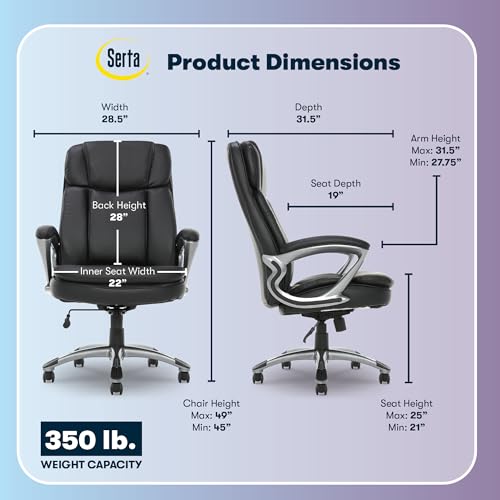 Serta Fairbanks Big & Tall Executive Office Chair, Ergonomic Comfy High-Back ComputerChairs with Lumbar Support, Semi-Plush Seat Cushion, Padded Armrests, Nylon Swivel Base, Bonded Leather, Black Serta