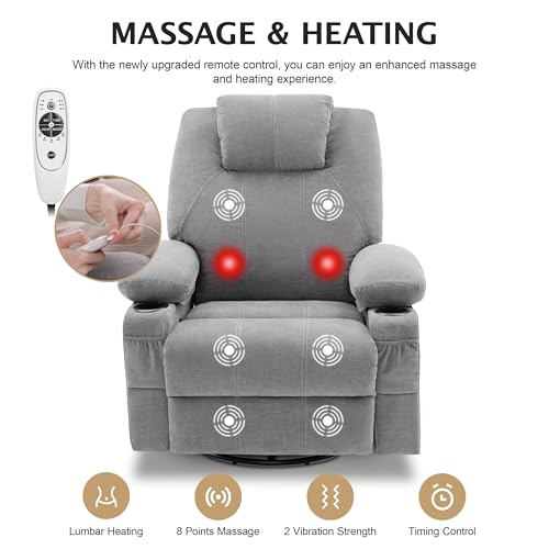 Weture Swivel Rocker Recliner Chair with Heat and Massage, 360 Degree Swivel Recliner Chair with Cup Holders and USB Port, Big Oversized Rocking Single Sofa for Living Room (Fabric, Cloud Grey)