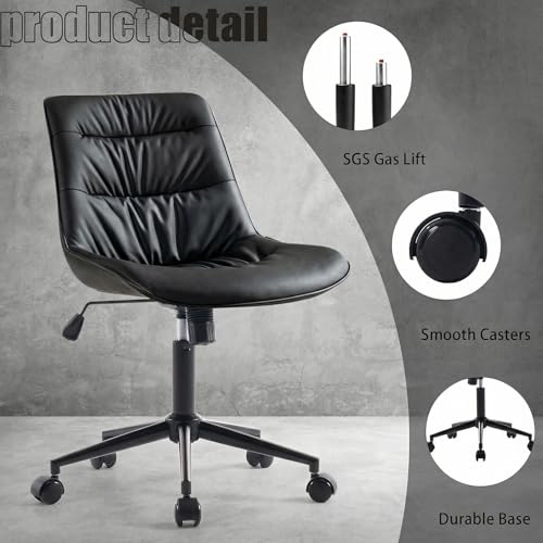 Rowill Faux Leather Office Chair, Ergonomic Armless Desk Chair with Waterproof Cushion & Slient Wheels & SGS-Certified Class 3 Gas Lift, Ideal for Home Office, Study and Vanity(Black) Rowill