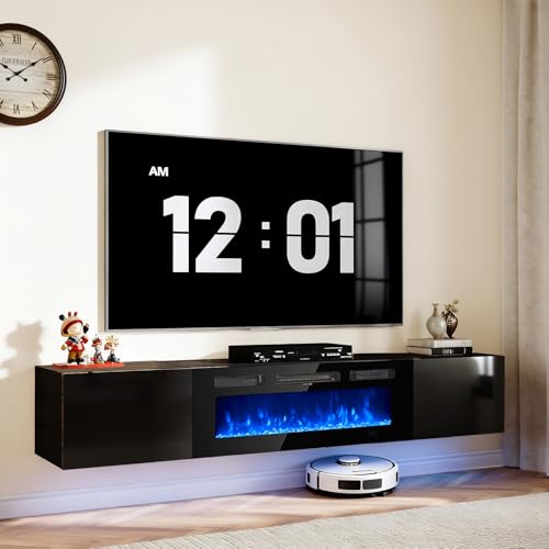 OneBlis 70'' Floating TV Stand with 36" Electric Fireplace, Wall Mounted Entertainment Center with Storage for TVs up to 80", Adjustable 12-Color LED Media TV Console for Living Room,All Black OneBlis
