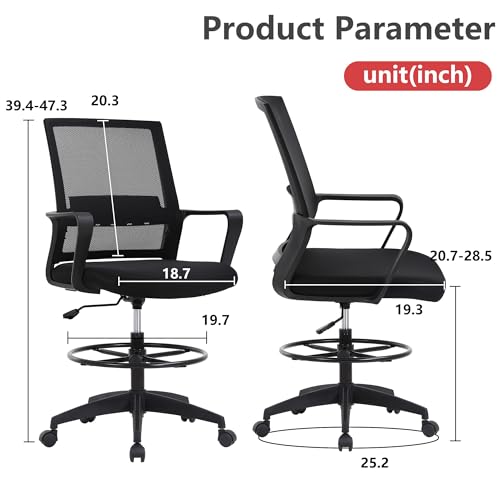 BestOffice Drafting Chair Tall Office Chair Adjustable Swivel Rolling Mesh Height with Lumbar Support Arms Footrest Mid Back for Adults Standing Desk Drafting Stool(Black) BestOffice