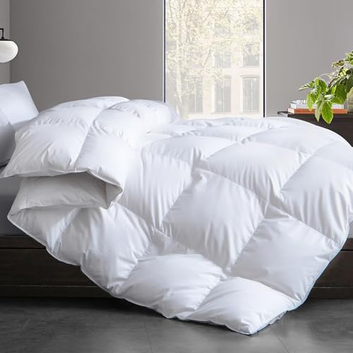 Feather and Down Comforter Insert Queen Size, 100% Cotton Cover, All Season White Down Feather Duvet Insert, Fluffy Soft Hotel Luxury Bedding for Bedroom, 90 x 90 Inches Cosybay