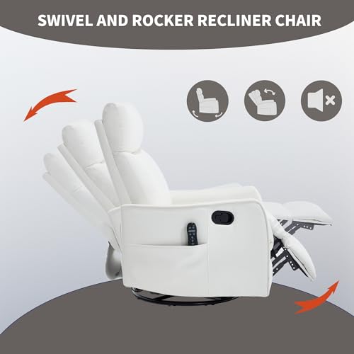 High Back Massage Recliner with Heat - Swivel Rocking Chair for Small Spaces, Manual Lazy Boy Recliner for Adults, Perfect for Living Room & Bedroom, Soft Fabric (White) HomJoones