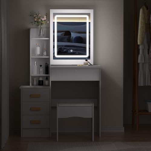 Vanity Desk with Mirror and Lights,Makeup Vanity Desk with Lights 3 Colors,Vanity with 4 Drawers,6 Shelves,Vanity Table Set with Bench for Bedroom,Dressing Table and Chair Set for Girls Women (White) leasote