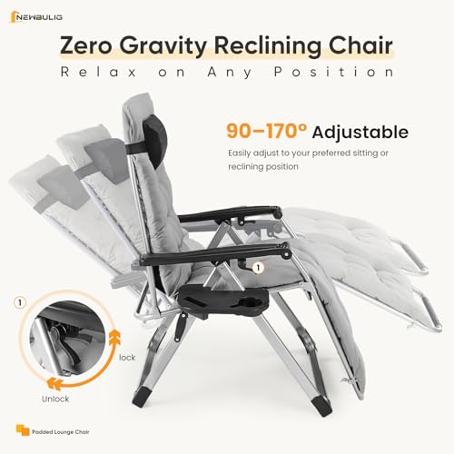 NEWBULIG Zero Gravity Chair, Folding Patio Recliner with Removable Cushion & Cup Holder Trays, Portable Lounge Chair for Beach & Camping, Classic Grey