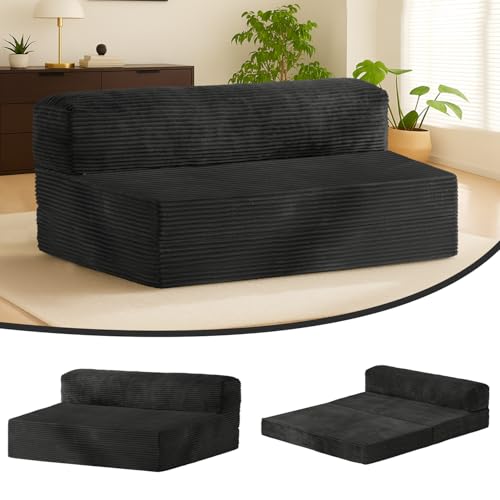 NLDD Folding Futon Sofa Bed Full Size, 6 inch Convertible Floor Couch Bed with Removable Corduroy Cover, Pull Out Couch for Small Spaces High-Density Foam,Black NLDD