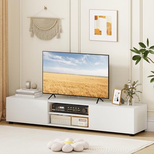Tangkula Modern TV Stand for up to 70” TVs, 63”L Minimalist Entertainment Center w/ 2 Doors & Open Shelves, Media Console Table Storage Cabinet with 6 Support Feet for Living Room (White, 63”L) Tangkula