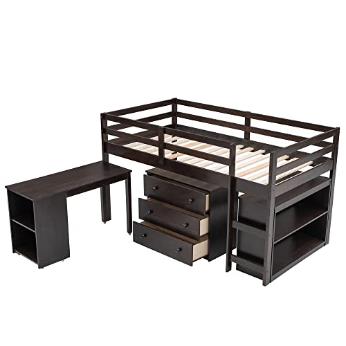 Harper & Bright Designs Twin Size Low Loft Bed with Rolling Portable Desk and Storage Cabinet, Wooden Low Study Loft Bed with Drawers, for Kids Teens Girls Boys - Espresso Harper & Bright Designs