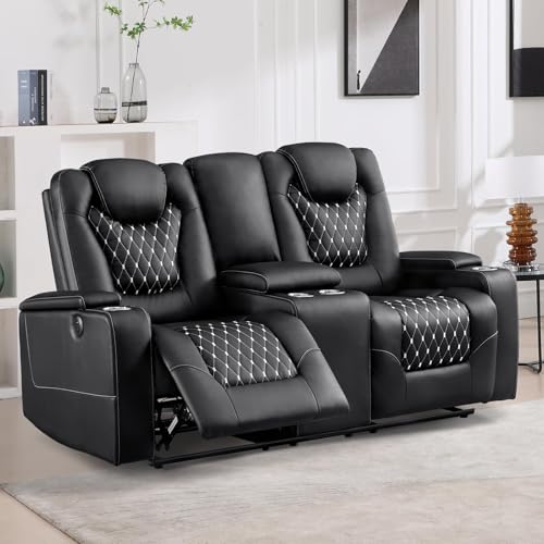 ANJ Reclining Loveseat,Power Recliner Sofa with USB Ports and Cup Holders - Overstuffed Electric Living Room Seating PU Leather Double Recliner with Hidden Arm Storage, Easy to Clean (Black) ANJ