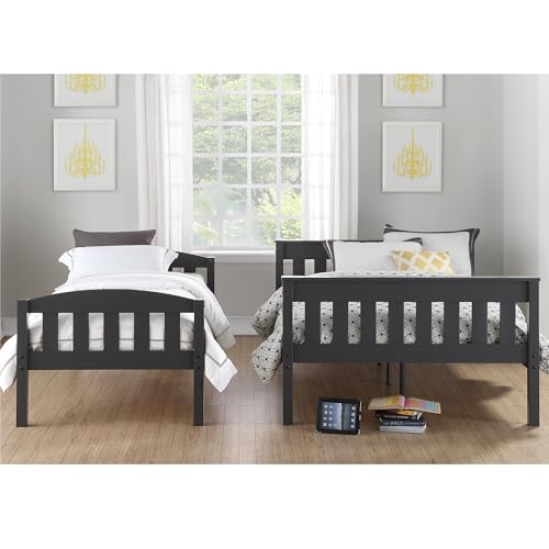 DHP Airlie Convertible Wood Bunk Bed Twin Over Full Size, Stackable and Detachable Bed Frames for Kids, Teens, Angled Ladder, High Guardrail, Wood Slats, No Boxspring Required, Grey DHP