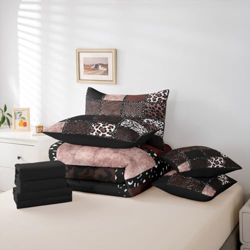 Brown Leopard Print 7 Pieces Bedding Set Queen Size,Animal Skin Texture Bed in a Bag,Patchwork Geometric Bed Set Includes Comforter,Sheet Set,Pillowcases & Pillow Covers,Farmhouse Bedroom Decor Erosebridal