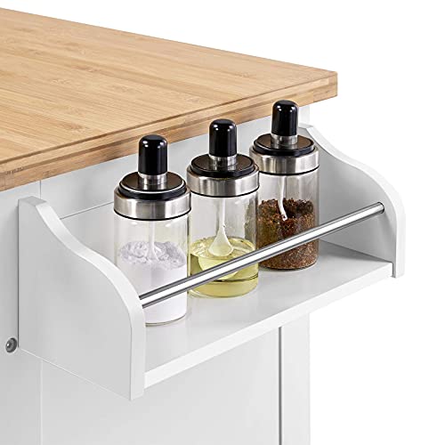 Yaheetech Kitchen Cart with Bamboo Tabletop, 34.5" Width Rolling Kitchen Island with Drawer and Adjustable Shelf, Storage Cabinet with Spice Rack Towel Bar for Dining Room Kitchen Living Room, White Yaheetech