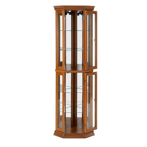 Wekuku Oak Corner Curio Cabinet with Lights Mirrored Back – Adjustable Tempered Glass Shelves, Display Cabinet for Collectibles (E26 Bulb Not Included) Wekuku