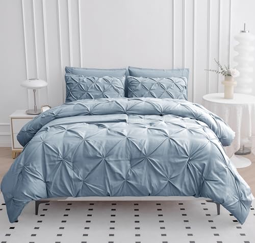 LANE LINEN Twin Comforter Set - 5 Piece - Elegant Pintuck Stitch Design Bedding - with 1 Comforter, 1 Pillowcase, 1 Sham, 1 Flat & 14" Fitted Sheet - Super-Soft, All-Season Everyday Use – French Blue LANE LINEN