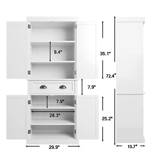 Furniwell 72" Kitchen Storage Cabinet with Drawer, Tall Kitchen Pantry Cabinet with Doors and 3 Adjustable Shelves, Freestanding Cupboard for Kitchen, Dining Room, Living Room (White) Furniwell