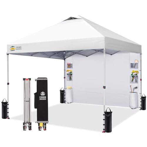 CROWN SHADES Canopy Tent 10x10 Pop Up Canopy Outdoor Shade with Pockets Sidewall, Easy Up Sun Shelter with One Person Set Up Center Lock, Portable Instant Camping Beach Canopy Tents, Grid White CROWN SHADES