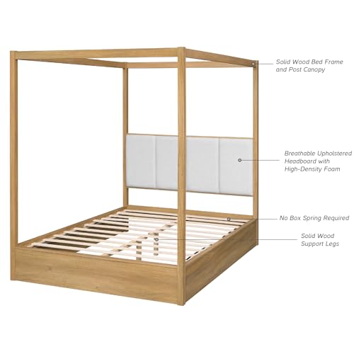 WAMPAT Wood Canopy Bed Frame Queen Size, Solid Wood Poster Bed with 12 Slats and Support Legs, 800 lbs Capacity, No Box Spring Needed, Modern Oak Wooden Bed with Upholstered Headboard for Bedroom