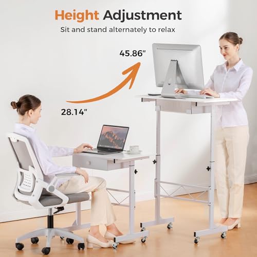COMHOMA Small Standing Desk Adjustable Height Small Computer Desk Mobile Portable Rolling Laptop Table with Wheels 32" Computer Workstation Sit Stand Desks Portable Standing Table Treadmill desks COMHOMA