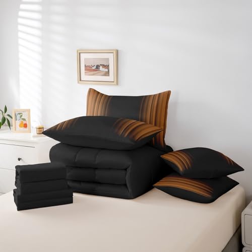 Feelyou Abstract Ombre Comforter Set with Sheets Kids Teens Brown Black 7 Piece Bedding Set Room Decor Twin Size,Reversible Black Feelyou