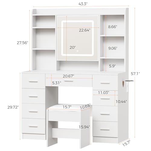 BEWISHOME Vanity Desk with Mirror and Lights, Makeup Vanity Table with Power Outlet,Stool Vanity Table with 9 Drawers 6 Storage Shelves Jewelry Storage,Dressing Table for Bedroom Girls White FST36W BEWISHOME