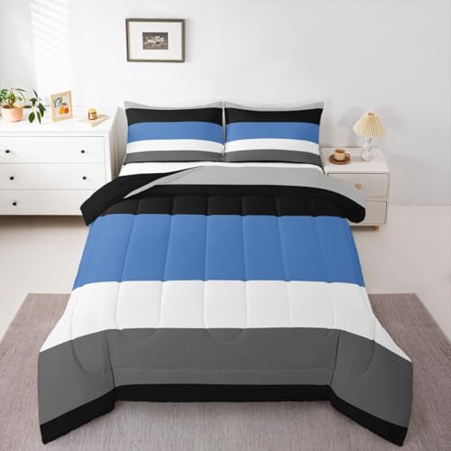Patchwork Striped Down Comforter Twin Boys Blue Black Dark Gray Bedding Set Bedroom Dorm Decor,Kids Modern Simple Light Grey White Stripes Comforter Set Soft Lightweight Quilt Duvet Insert 2 Pcs Erosebridal