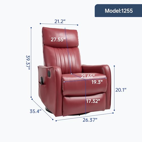High Back Massage Recliner with Heat - Swivel Rocking Chair for Small Spaces, Manual Lazy Boy Recliner for Adults, Perfect for Living Room & Bedroom, Soft Fabric (Red)