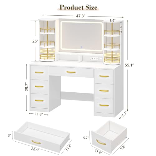 Vanity Desk with LED Mirror and 360 Rotating Makeup Organizer Shelves, White Makeup Vanity with Lights & Charging Station, Large Vanity Table with 6 Storage Drawers Bedroom Makeup Desk for Women Girls CSZZD