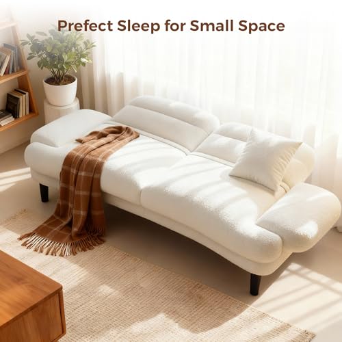 79” Futon Sofa Bed, Sleeper Sofa, Convertible Sofa Bed with Adjustable Backrest and Armrests, Faux Sherpa Cloud Loveseat, Convertible Recliner Sleeper Sofa for Living Room, Bedroom, Apartment, Beige Jocoevol