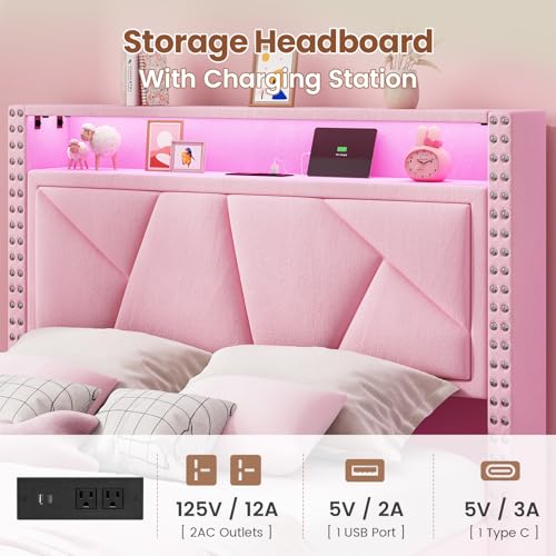 MSmask Twin Bed Frames with LED Lights, Storage Headboard with Charging Station, Drawers, Upholstered Bed Twin Size with Solid Wood Slat, No Box Spring Needed, Easy Assembly, Pink MSmask