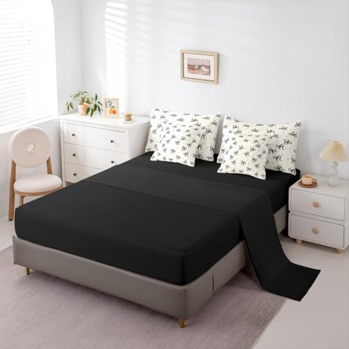 Erosebridal Black and Beige Bow Comforter Set with Sheets Teen Girls Coquette Bow Twin Size Bedding Modern Fashion Bed in A Bag 7-Piece for Women Minimalists Aesthetic Bowknot Bed Collections Erosebridal
