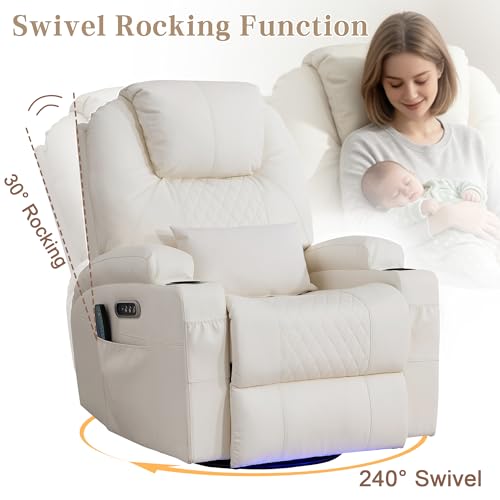 AHMED Rocking Recliner Nursery Chair, Dual Motor Power Swivel Glider Recliner with Heat & Massage, Nursery Recliner Chair with USB A/C Ports, Cup Holders & LED Light for Living Room & Bedroom, Beige