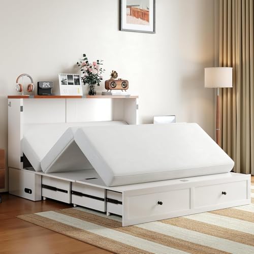 ijuicy Queen Size Murphy Bed with Mattress & Extra Large Drawers, Multifunctional Cabinet Beds with USB Charging Station, Murphy Bed Chest for Home, Mattress Included (White & Brown) ijuicy